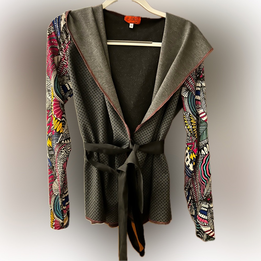 Elikia Paris - ribbed satin wrap hooded jacket.